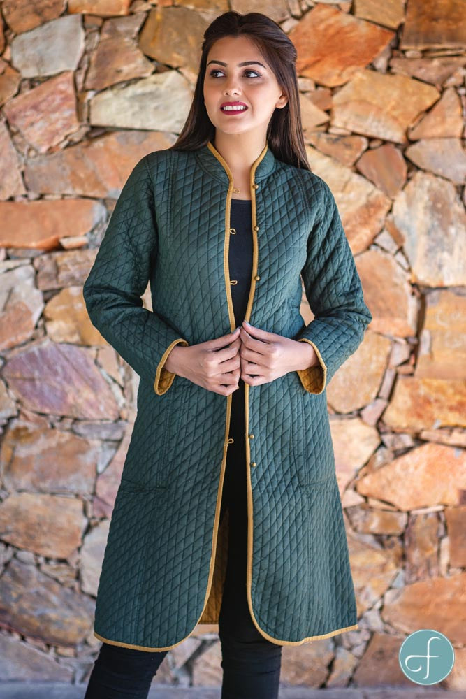 Khakhi Green and Mustard Reversible Cotton Bundi Quilted Coat- NVQJ263