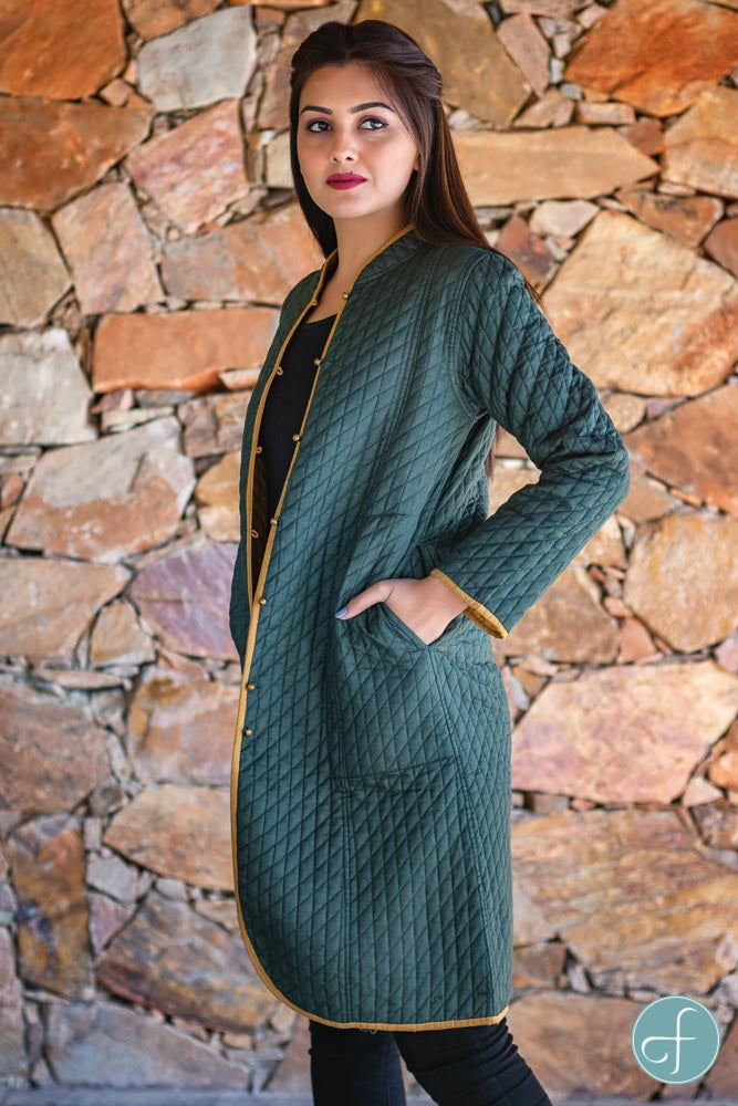 Khakhi Green and Mustard Reversible Cotton Bundi Quilted Coat- NVQJ263