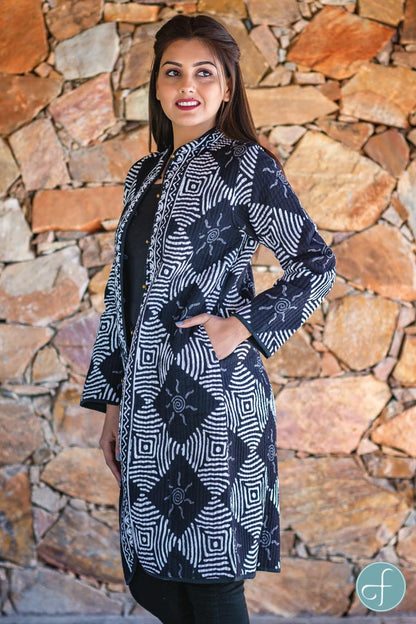 Black and White Block Printed Reversible Cotton Quilted Coat- NVQJ250