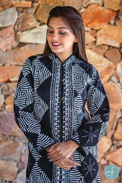 Black and White Block Printed Reversible Cotton Quilted Coat- NVQJ250