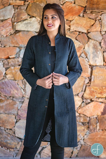 Black and White Block Printed Reversible Cotton Quilted Coat- NVQJ250