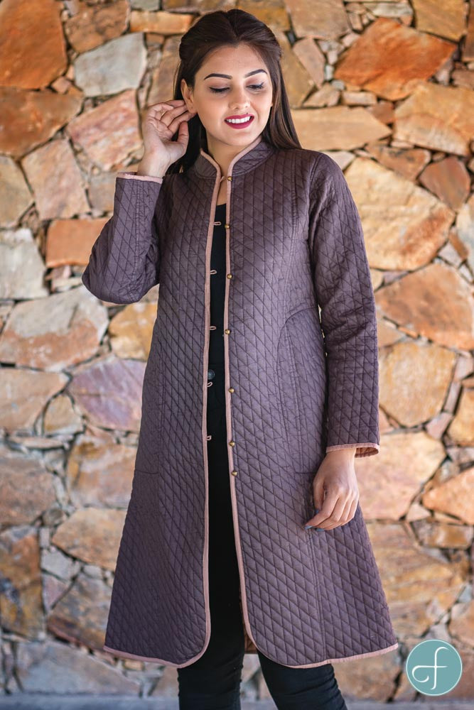 Brown and Peach Reversible Cotton Bundi Quilted Coat- NVQJ262