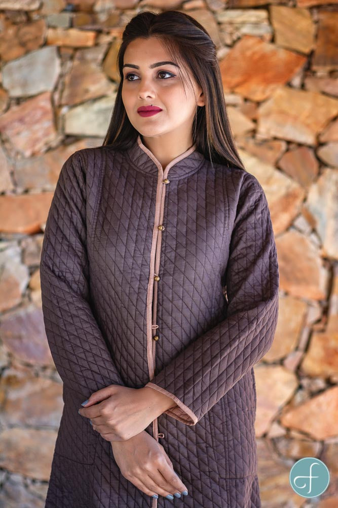 Brown and Peach Reversible Cotton Bundi Quilted Coat- NVQJ262