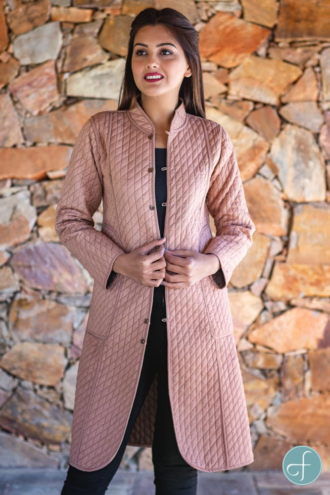 Brown and Peach Reversible Cotton Bundi Quilted Coat- NVQJ262