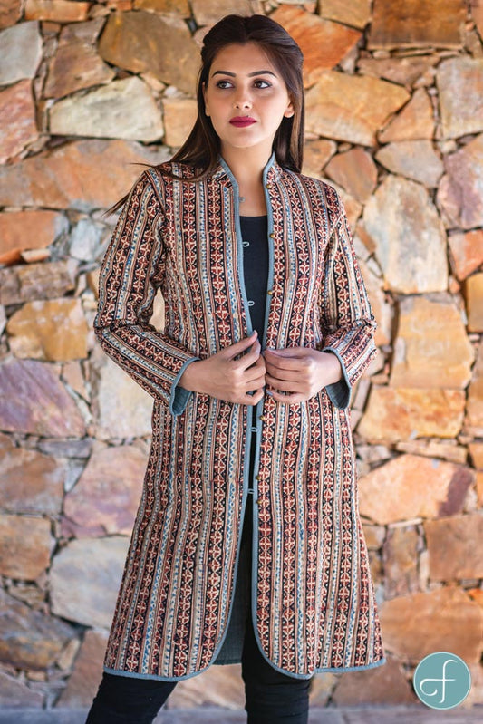 Kalamkari Block Printed Reversible Cotton Quilted Coat- NVQJ253