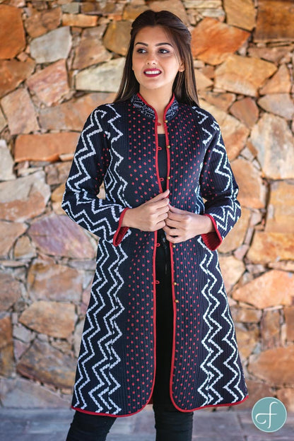Black Red Block Printed Reversible Cotton Quilted Coat- NVQJ257 SALE