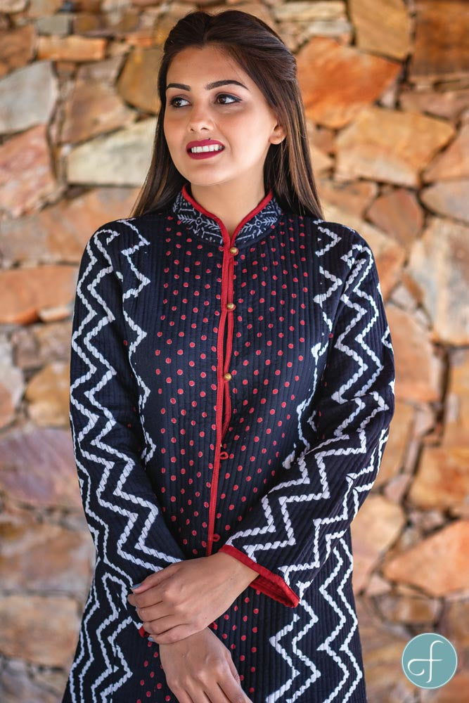 Black Red Block Printed Reversible Cotton Quilted Coat- NVQJ257