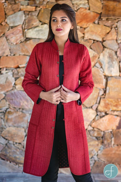 Black Red Block Printed Reversible Cotton Quilted Coat- NVQJ257 SALE