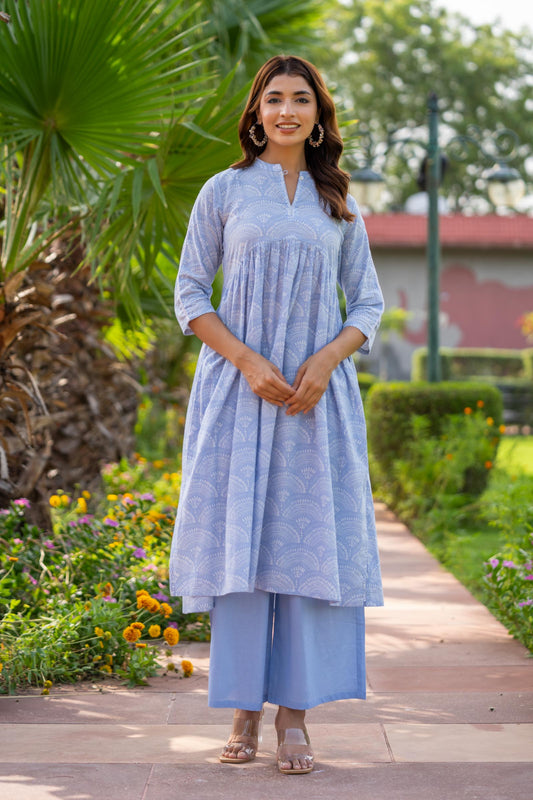 BLUE PRINTED LACE KURTA PALAZZO SET-NVKS673