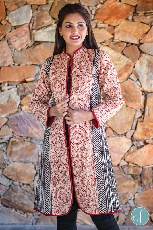 Red Warli Bagru Block Printed Reversible Cotton Quilted Coat- NVQJ260