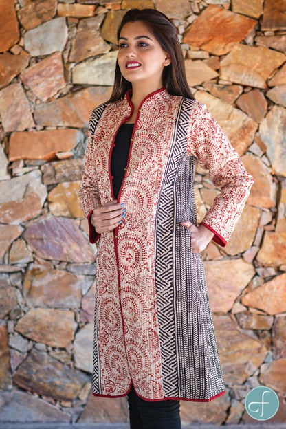 Red Warli Bagru Block Printed Reversible Cotton Quilted Coat- NVQJ260