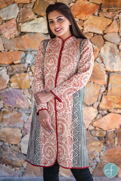 Red Warli Bagru Block Printed Reversible Cotton Quilted Coat- NVQJ260
