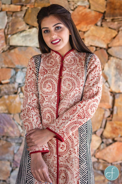 Red Warli Bagru Block Printed Reversible Cotton Quilted Coat- NVQJ260