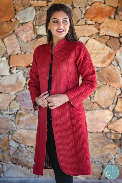 Red Warli Bagru Block Printed Reversible Cotton Quilted Coat- NVQJ260
