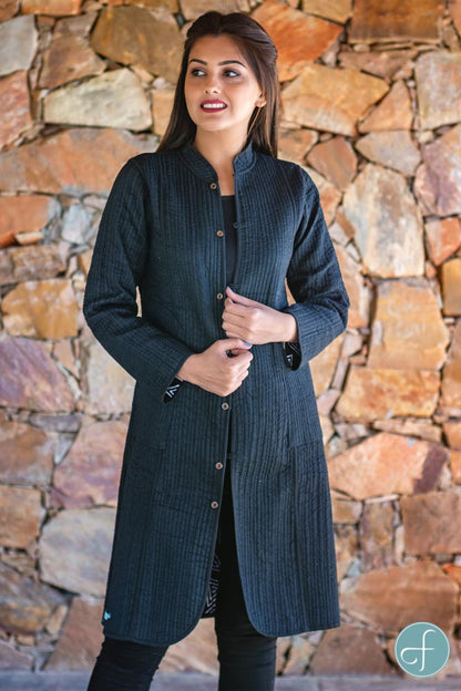 Black White Block Printed Reversible Cotton Quilted Coat- NVQJ261
