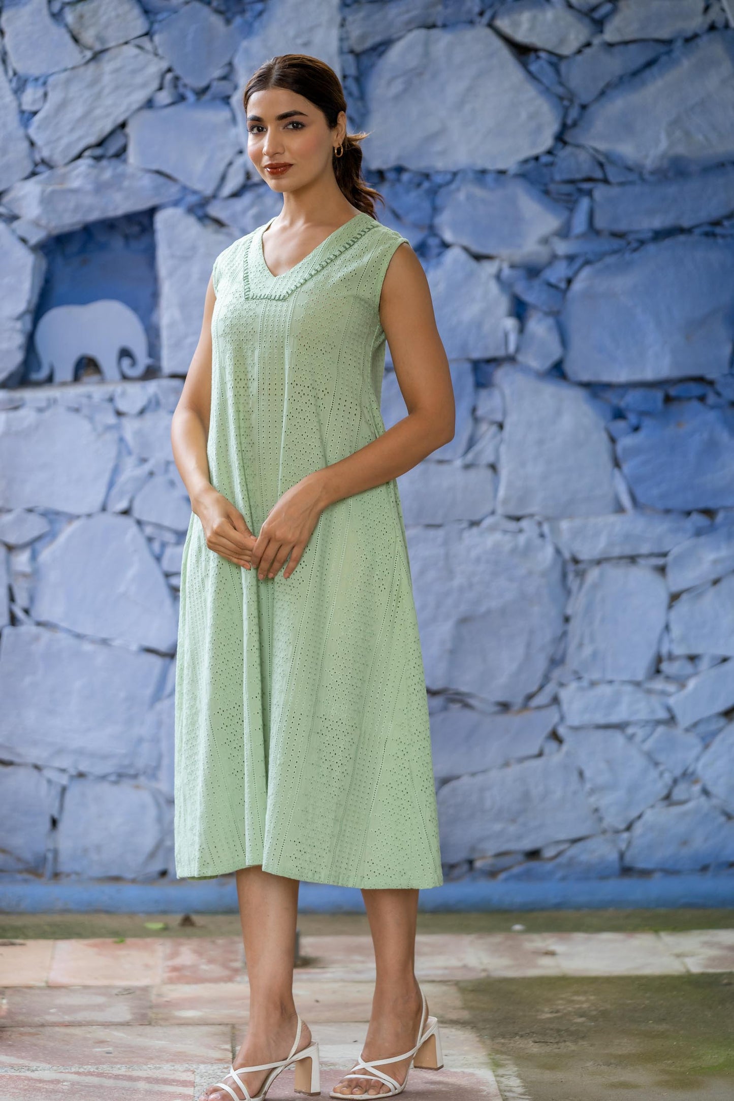 GREEN CHIKANKARI SLEEVELESS DRESS-NFD63