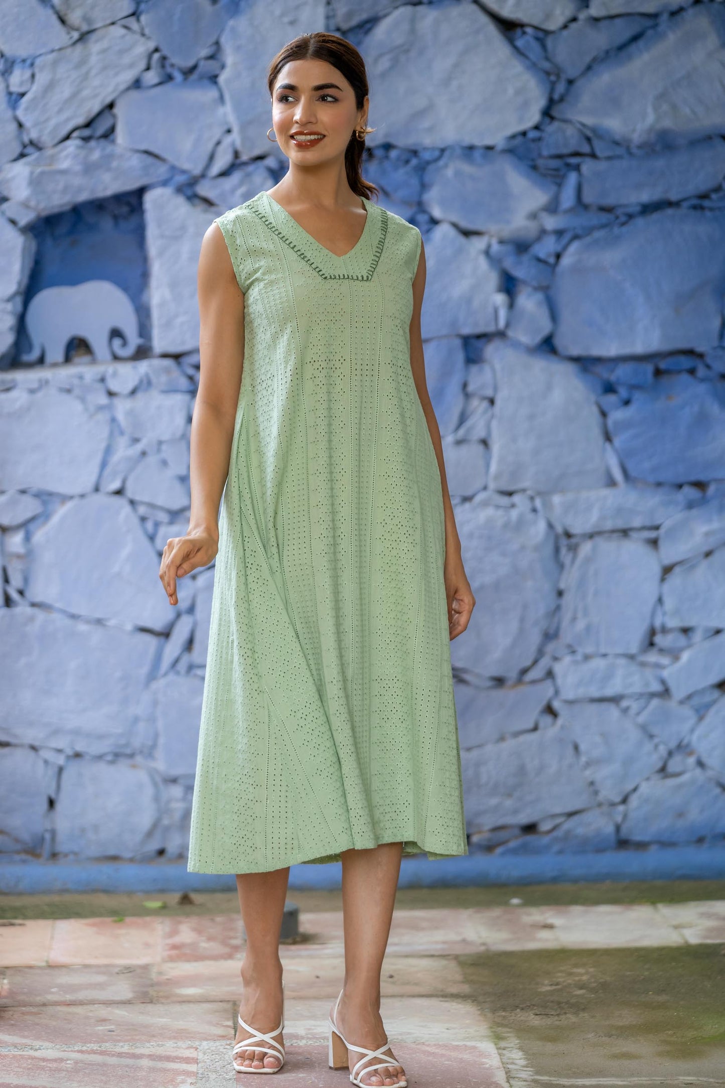 GREEN CHIKANKARI SLEEVELESS DRESS-NFD63