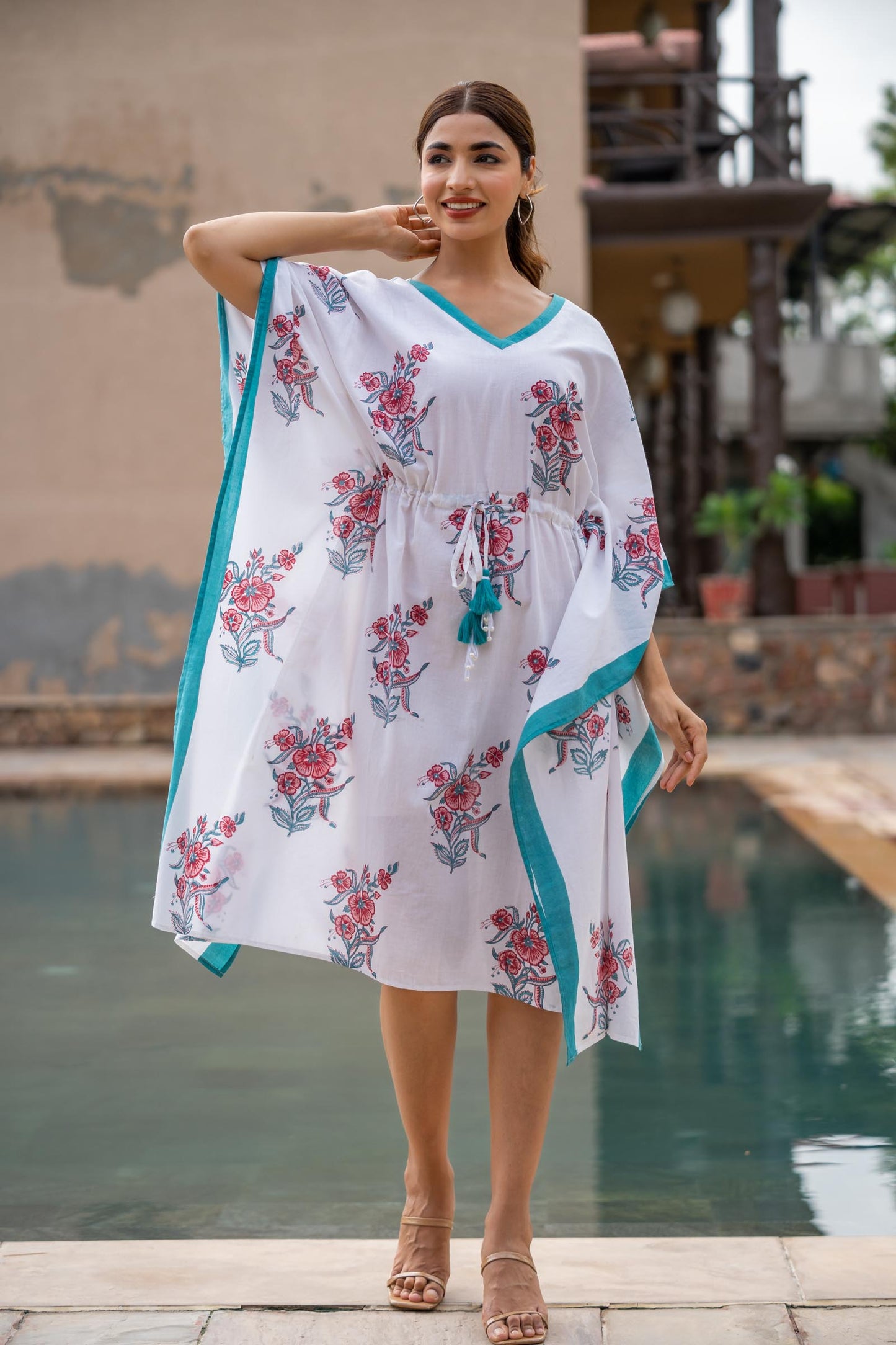 WHITE FLORAL BLOCK PRINTED KAFTAN-NVK423