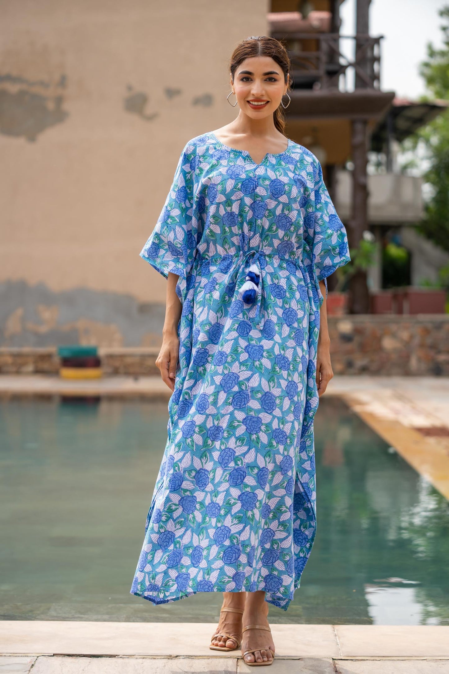 BLUE FLORAL BLOCK PRINTED KAFTAN TOP-NVK428