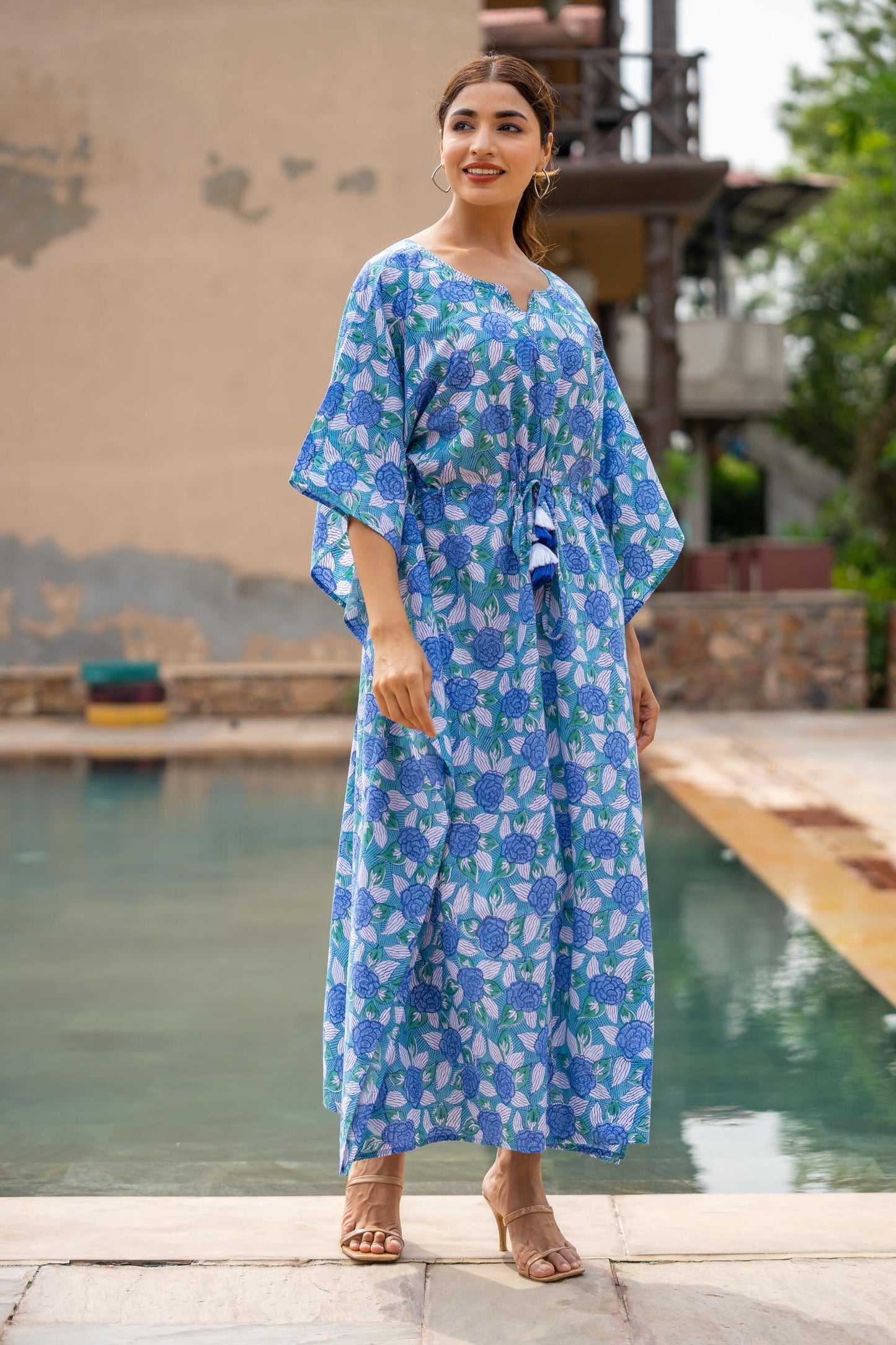 BLUE FLORAL BLOCK PRINTED KAFTAN TOP-NVK428