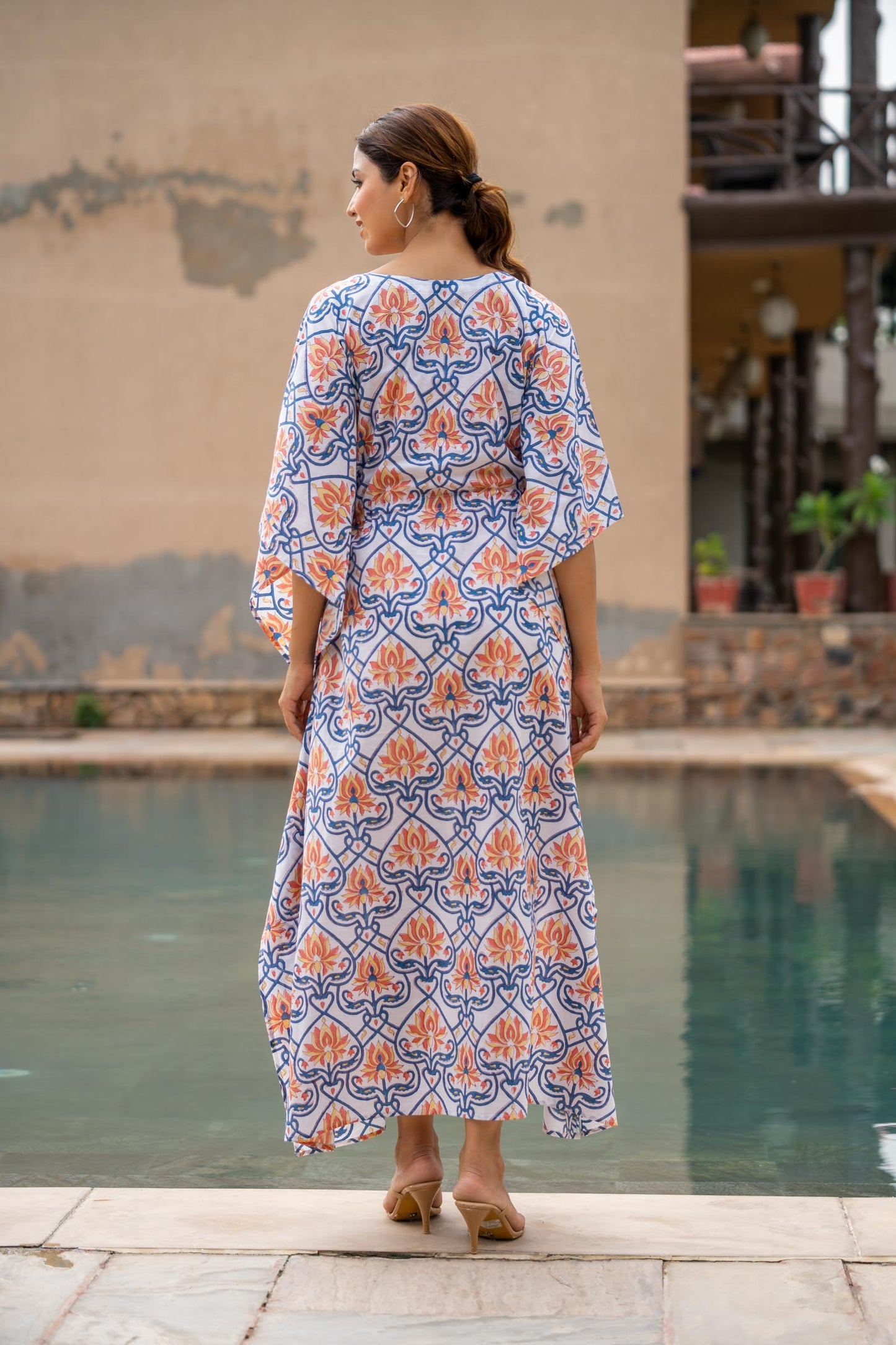 ORANGE FLORAL BLOCK PRINTED KAFTAN DRESS-NVK430