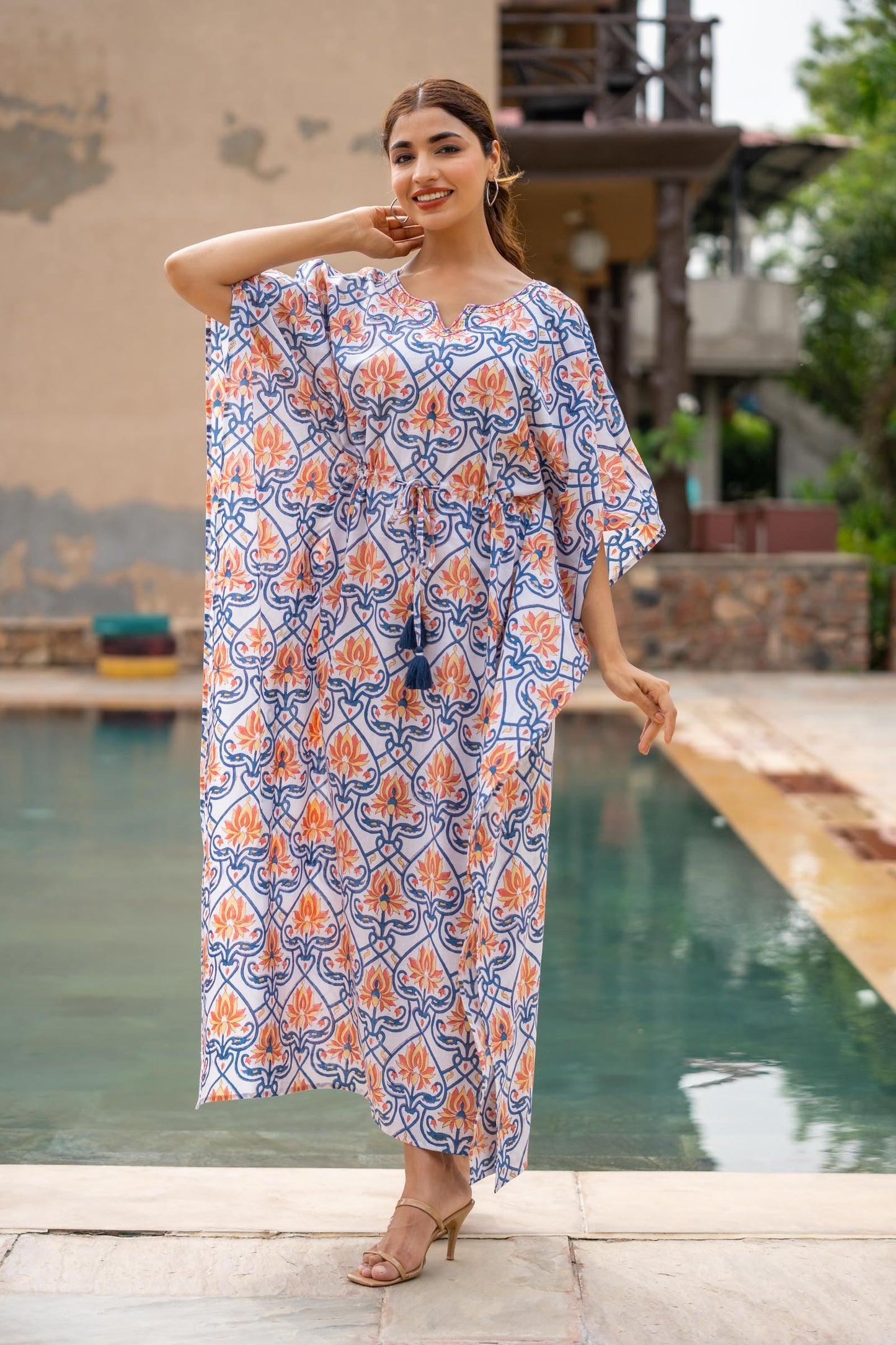 ORANGE FLORAL BLOCK PRINTED KAFTAN DRESS-NVK430