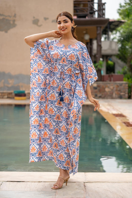 ORANGE FLORAL BLOCK PRINTED KAFTAN DRESS-NVK430