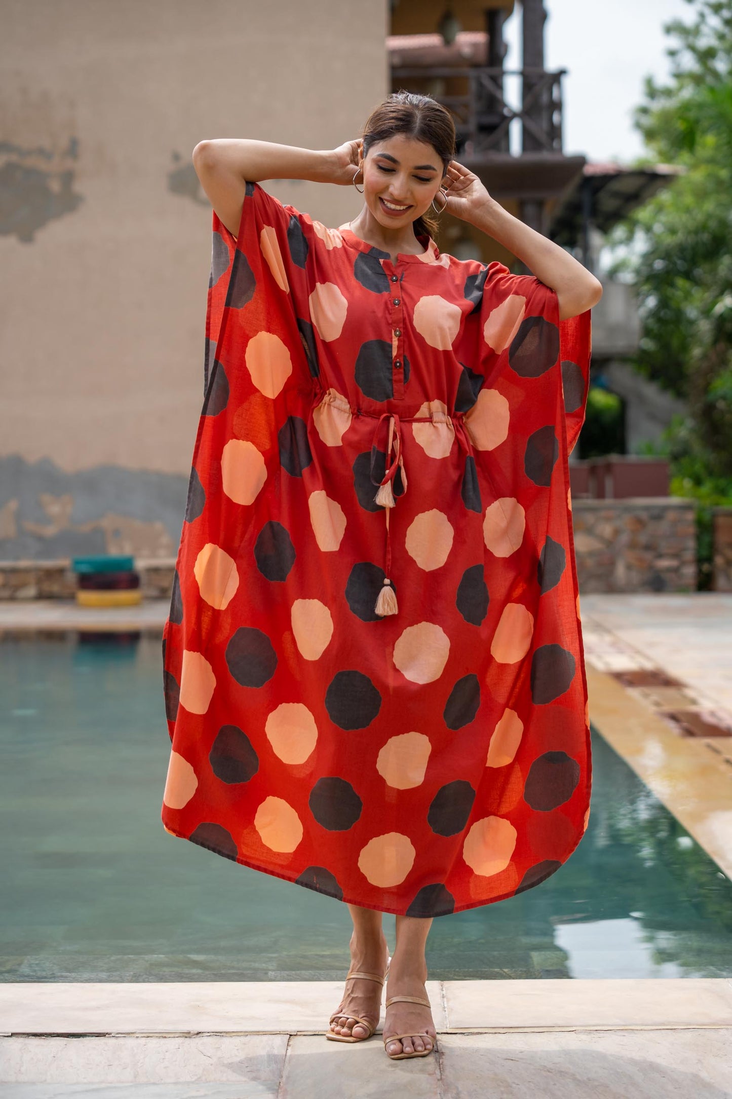 RED POLKA BLOCK PRINTED KAFTAN DRESS-NVK429