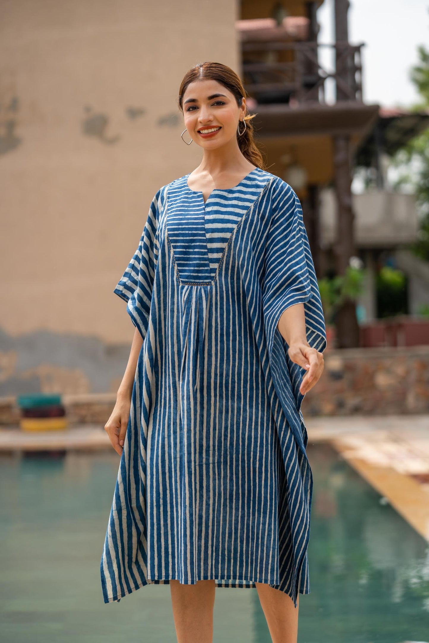 INDIGO STRIPED BLOCK PRINTED KAFTAN-NVK422