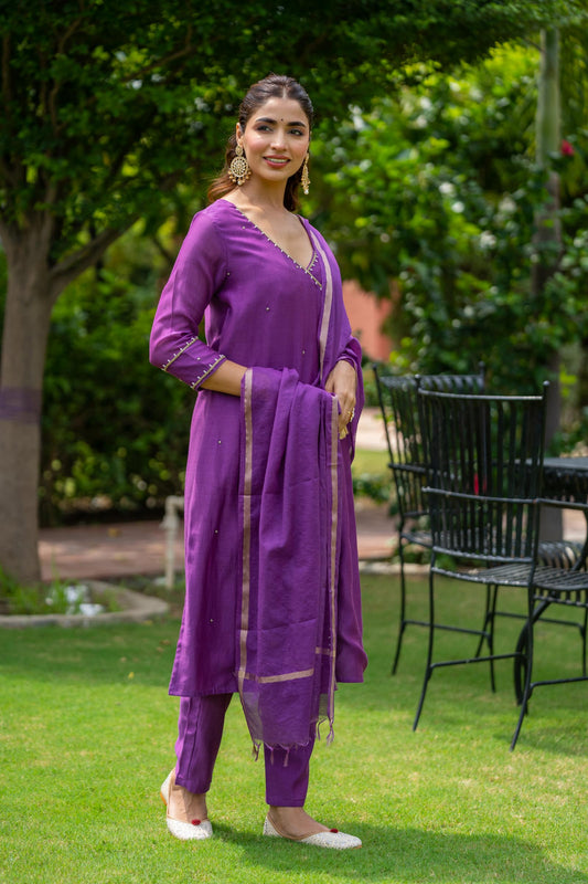 PURPLE CHANDERI 3 PIECE KURTA SET-NVKS700