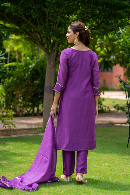 PURPLE CHANDERI 3 PIECE KURTA SET-NVKS700