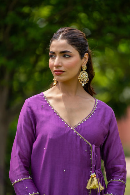 PURPLE CHANDERI 3 PIECE KURTA SET-NVKS700
