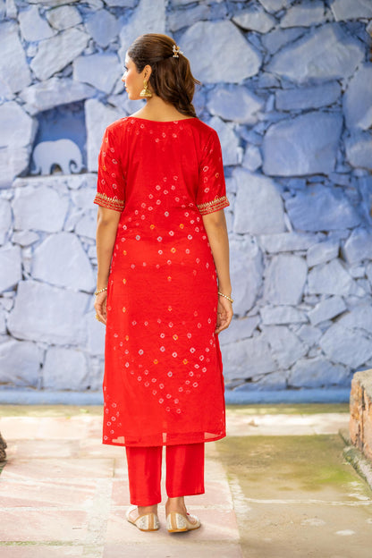 RED BANDHEJ 3 PIECE KURTA SET-NVKS698