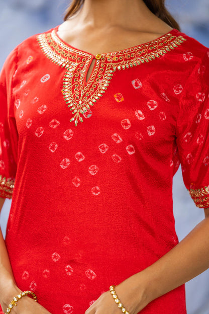 RED BANDHEJ 2 PIECE KURTA SET-NVKS703