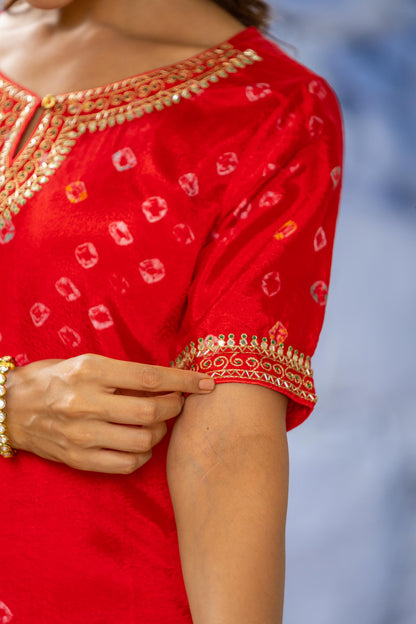 RED BANDHEJ KURTA -NVKS709