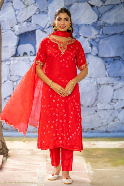 RED BANDHEJ 3 PIECE KURTA SET-NVKS698