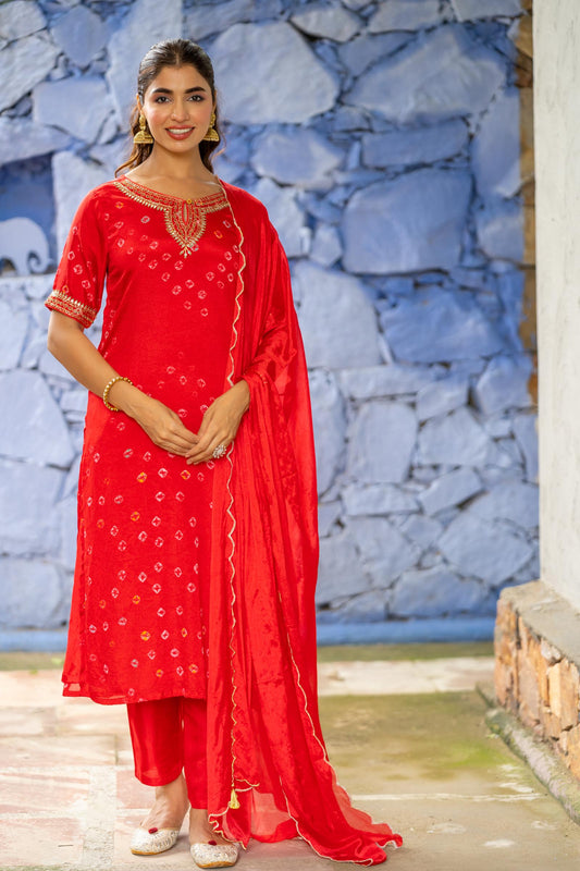 RED BANDHEJ 3 PIECE KURTA SET-NVKS698