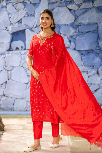 RED BANDHEJ 3 PIECE KURTA SET-NVKS698