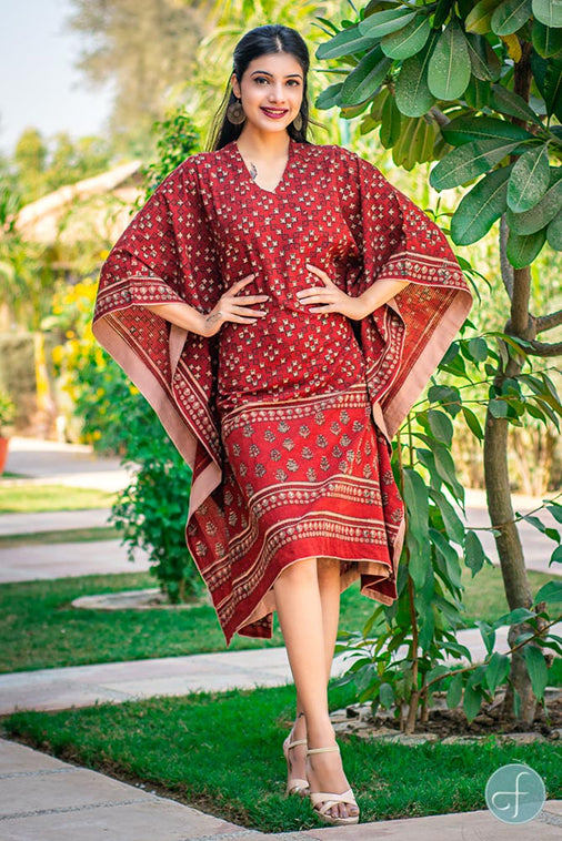 BRICK RED KHARI BLOCK PRINT KAFTAN -NVK182