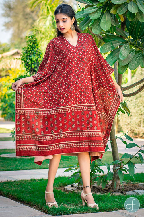 BRICK RED KHARI BLOCK PRINT KAFTAN -NVK182