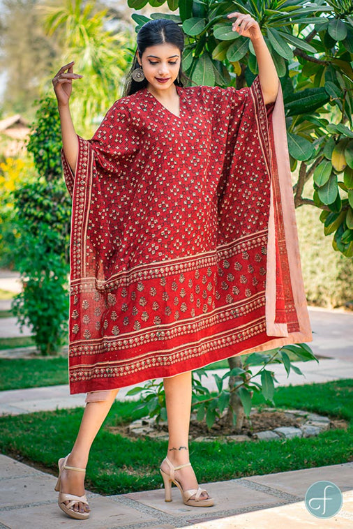 BRICK RED KHARI BLOCK PRINT KAFTAN -NVK182