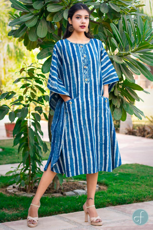 INDIGO STRIPED BLOCK PRINTED COTTON KAFTAN DRESS-NVK169