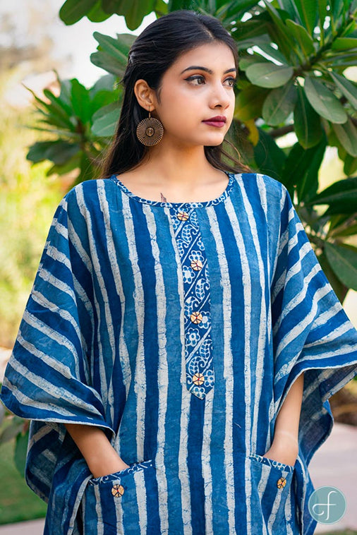 INDIGO STRIPED BLOCK PRINTED COTTON KAFTAN DRESS-NVK169