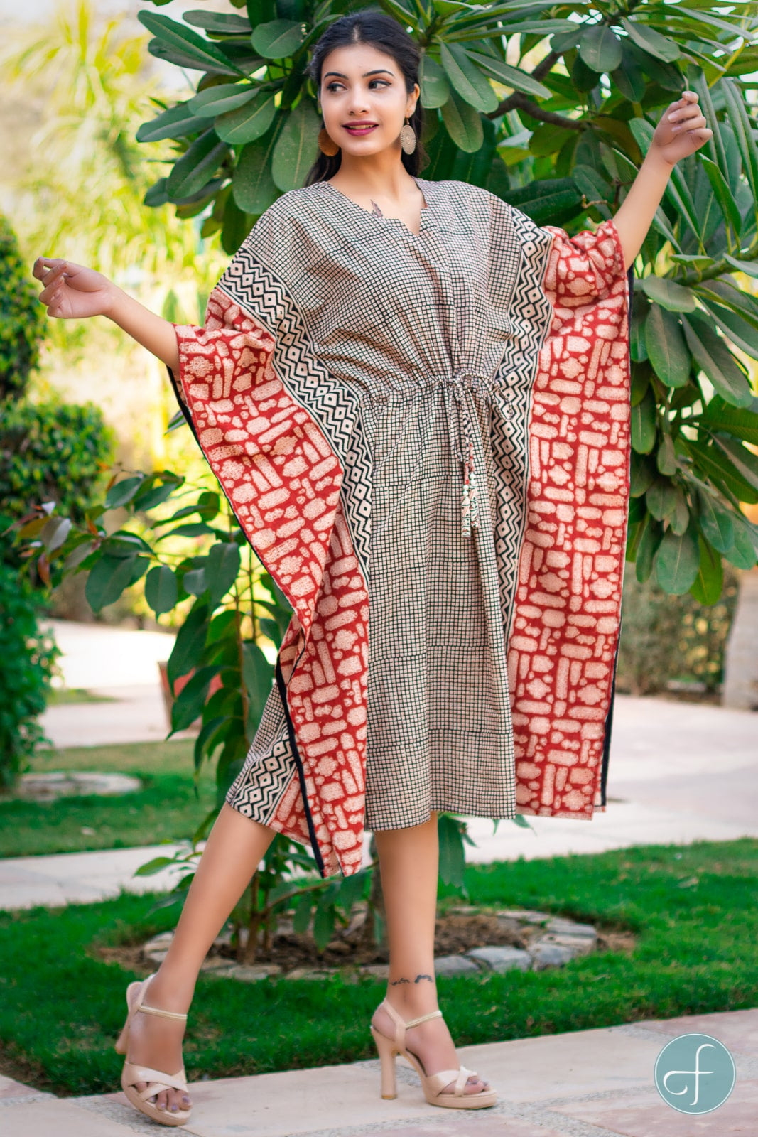 BAGRU RED BLOCK PRINTED COTTON KAFTAN DRESS-NVK168