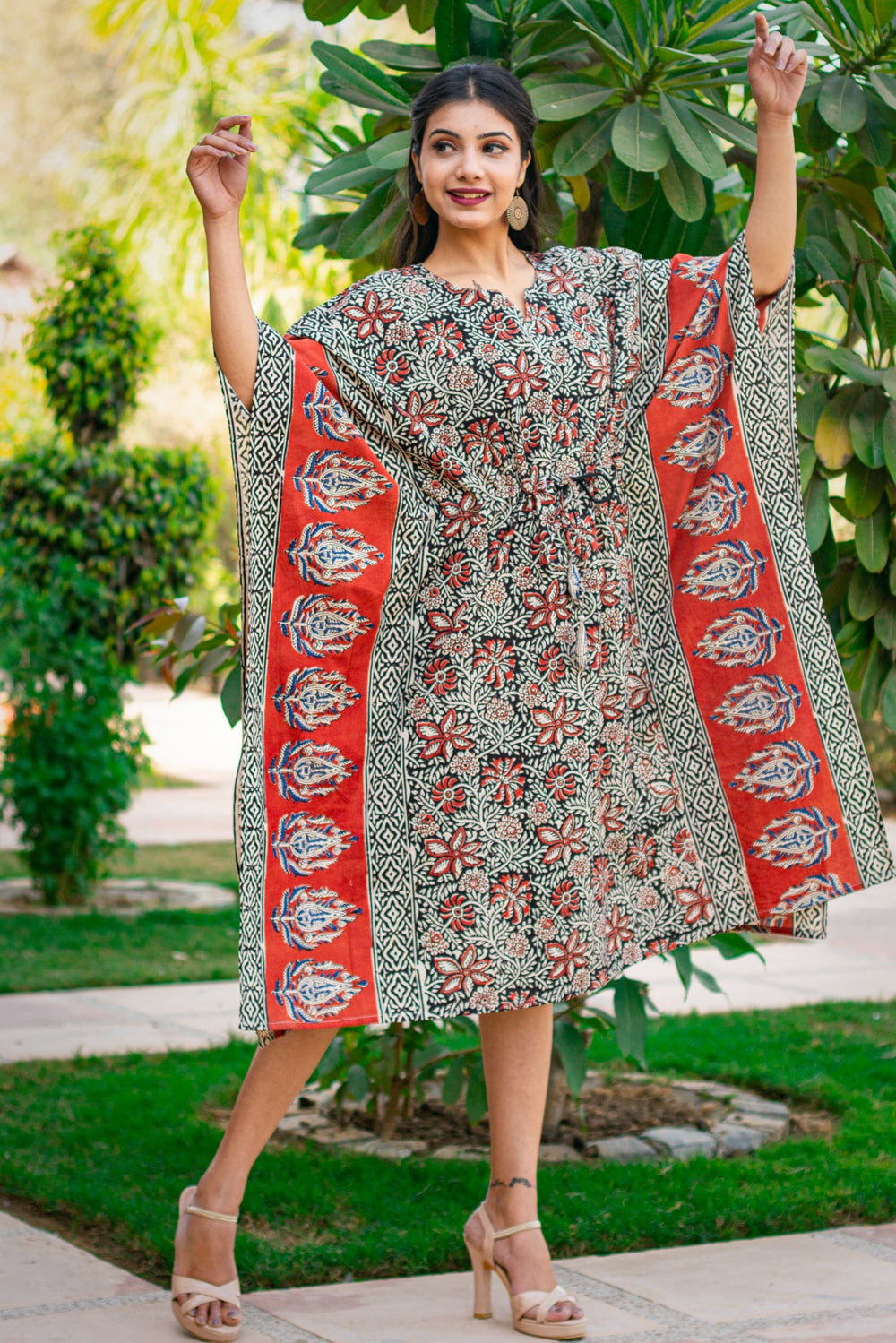 BAGRU RED BLOCK PRINTED BORDEDED COTTON KAFTAN DRESS-NVK170