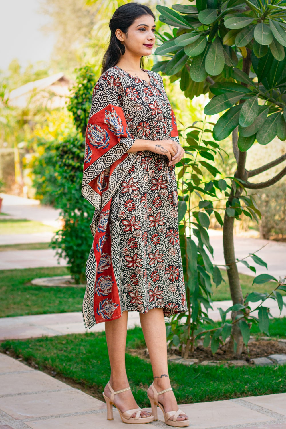 BAGRU RED BLOCK PRINTED BORDEDED COTTON KAFTAN DRESS-NVK170