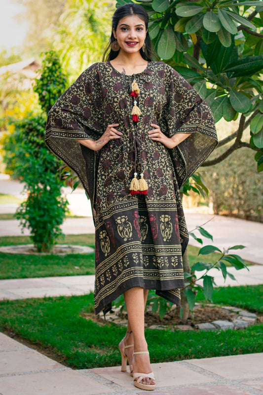 NATURAL DYE BROWN BLOCK PRINTED COTTON KAFTAN DRESS-NVK174