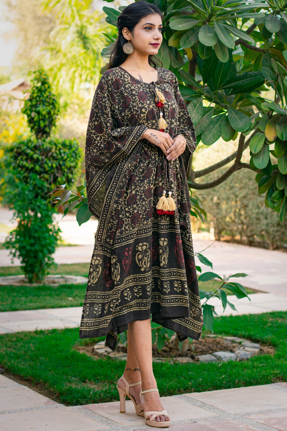 NATURAL DYE BROWN BLOCK PRINTED COTTON KAFTAN DRESS-NVK174