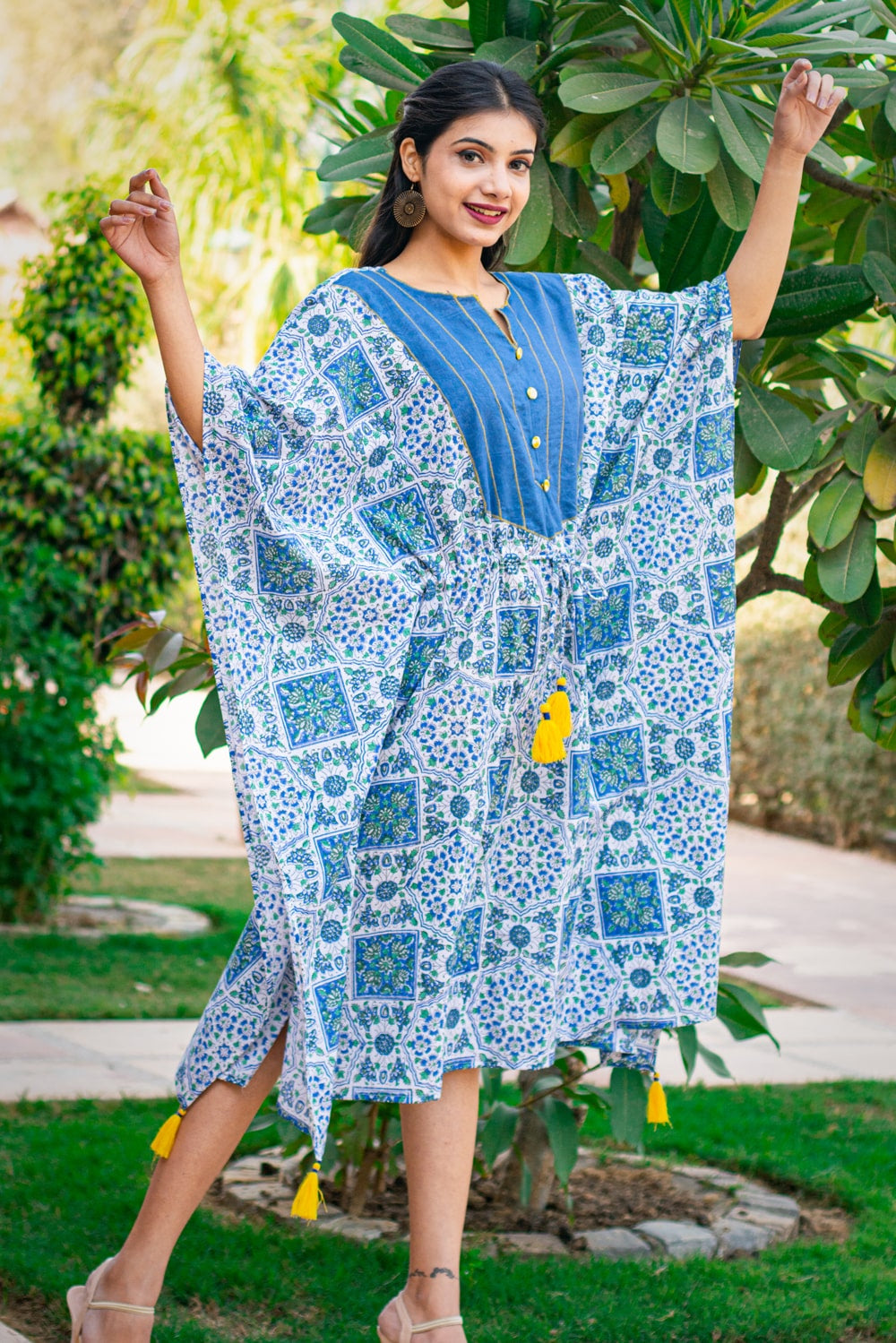 BLUE BLOCK PRINTED COTTON KAFTAN DRESS-NVK172