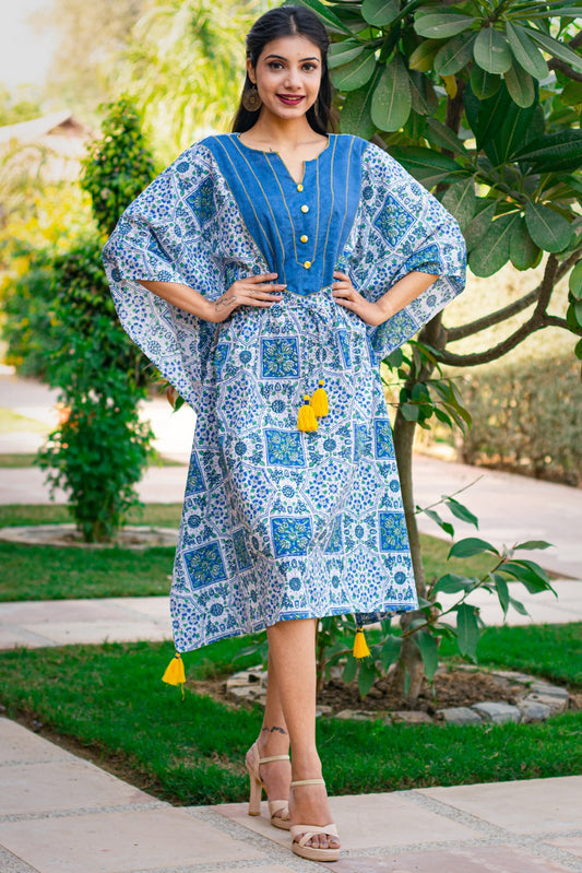 BLUE BLOCK PRINTED COTTON KAFTAN DRESS-NVK172